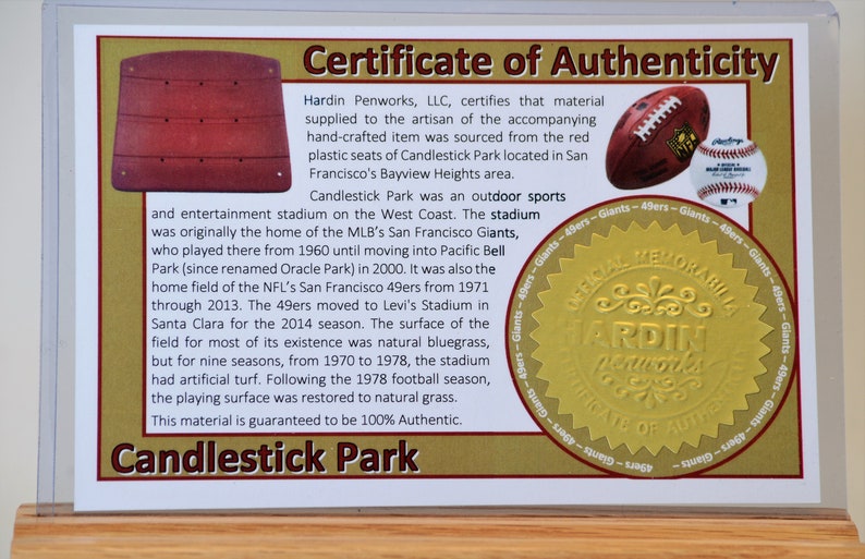 May include: Certificate of Authenticity for Candlestick Park memorabilia. The document features a red seat section graphic, a football, and a baseball. The text details the stadium's history and authenticity.