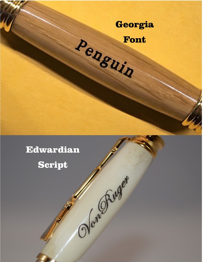 May include: Two pens are shown. One is light brown with gold accents and the word "Penguin" in black. The other is white with gold accents and the name "Von Ruger" in black script. The background is yellow and gray.