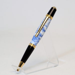 One of a Kind Classic Twist Pen in Gold and Black Chrome with Handcrafted White and Blue Acrylic Body