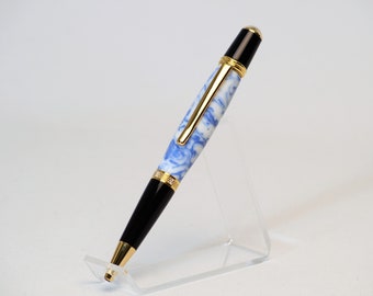 One of a Kind Classic Twist Pen in Gold and Black Chrome with Handcrafted White and Blue Acrylic Body