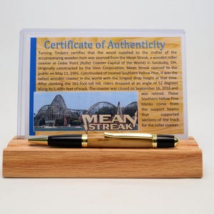 Handcrafted Pen Made From Cedar Point&#39;s Mean Streak Wooden Roller Coaster