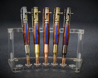 Thin Blue Line  Bolt Action Bullet Pen in North Georgia Walnut and Chrome, Brass, Copper, Gold, or Gunmetal Finish