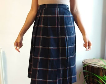 Vintage Plaid Pleated Skirt | Navy Tartan Midi | 80s High Waist Secretary Skirt | Preppy Vintage L UK 14