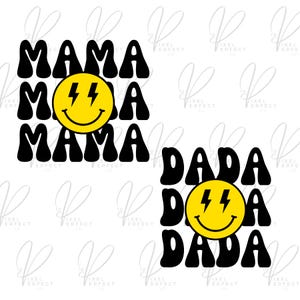 Pode incluir: Design gráfico preto e amarelo com as palavras "Mama" e "Dada" repetidas três vezes. Cada palavra está em uma fonte retrô e ondulada. Um rosto sorridente amarelo com raios para os olhos está no centro de cada design.