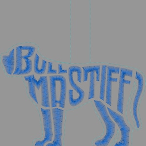 Può includere: Disegno ricamato blu di un bullmastiff con le parole "Bullmastiff" che formano il contorno del cane.