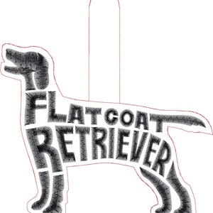 May include: Black and white silhouette of a Flat Coat Retriever dog with the words "Flat Coat Retriever" spelled out in the dog's body.