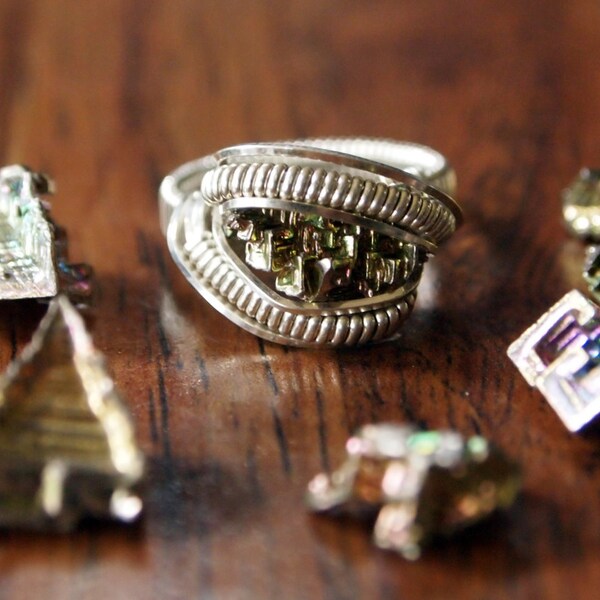 Jeder Größe! Bismut-Crystal-Draht gewickelt Sterling 925er Silber Ring - volle Sterling Wire-Wrap-Band