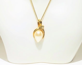 Vintage 24" ROMAN Gold & White Pearl Pendant.  Czech Glass Teardrop Necklace. Art Deco Designer Jewelry. White Teardrop Pearl.