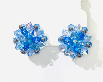 Vintage Aquamarine Clip On Earrings. Stunning Elegant Blue Crystal Floral Jewelry. Costume Jewelry. . Blue Crystal.