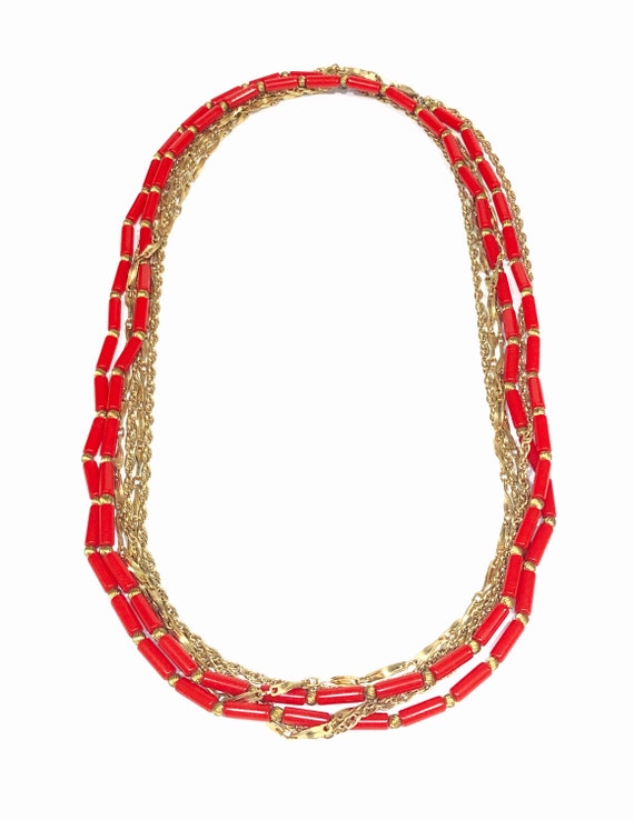 Vintage 24" Multi-Strand Red & Gold Beaded Neckla… - image 7