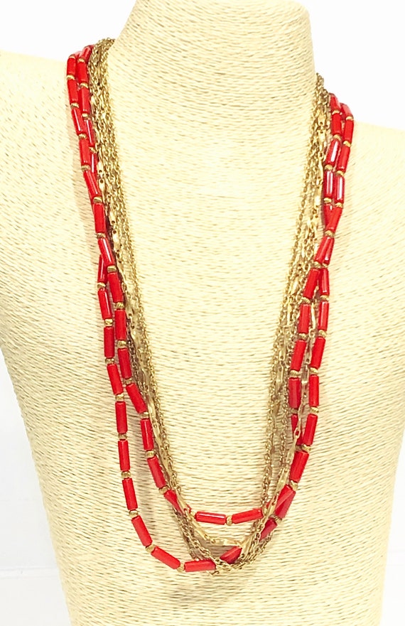 Vintage 24" Multi-Strand Red & Gold Beaded Neckla… - image 1