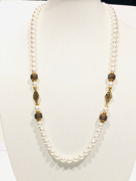 Vintage Pearl & Bronze Charms Necklace.  Victoria… - image 6