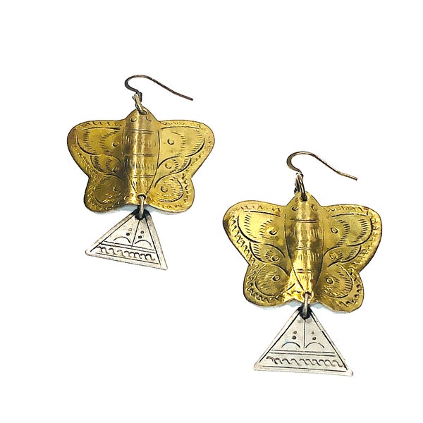 Vintage Brass Butterfly Pierced Earrings. Elegant Etched Brass & Silver Jewelry. Stunning One Off Handmade. Rare Nature Jewelry