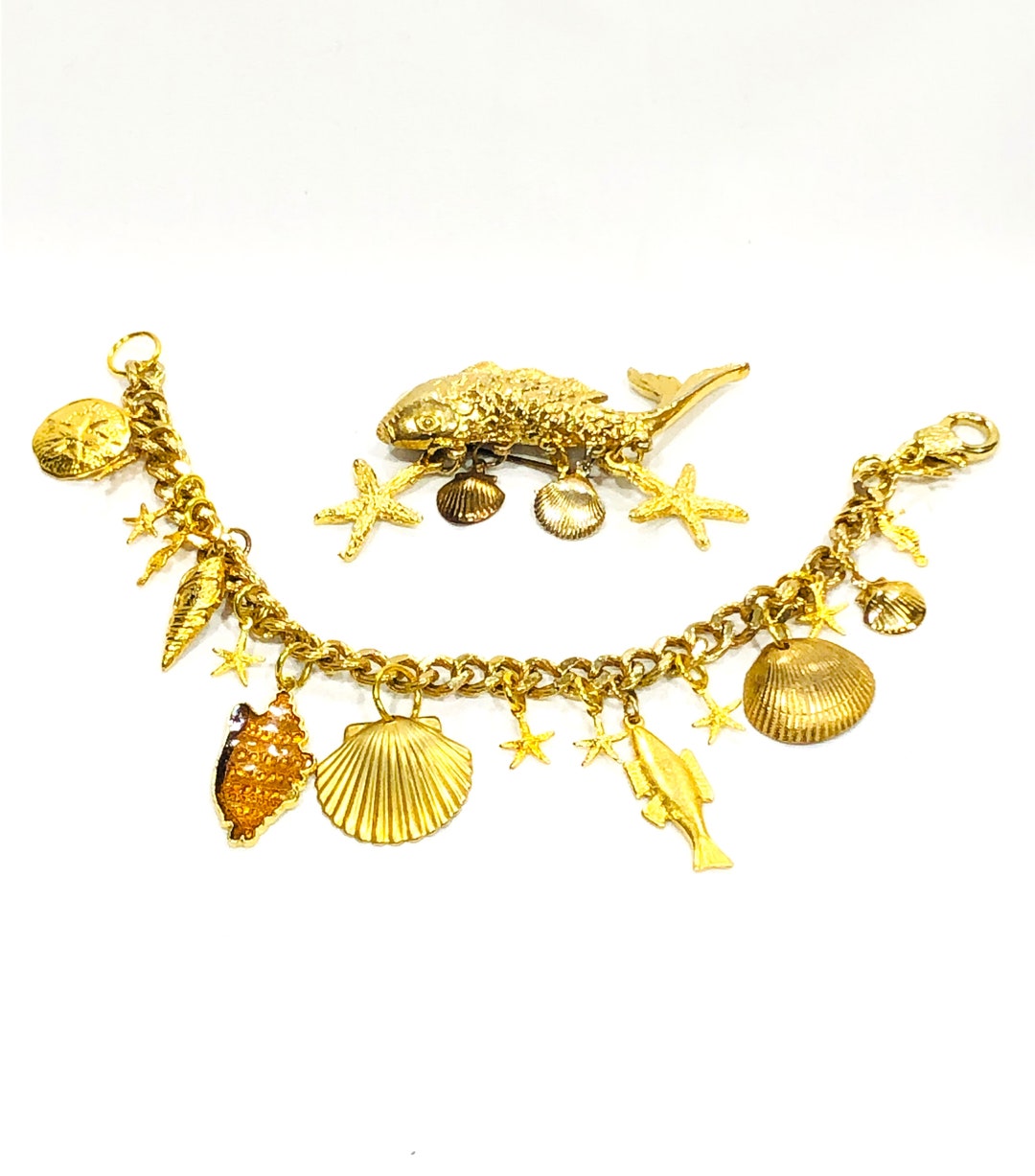 Vintage Gold Chain Charm & Brooch and Bracelet SET. Classic Etsy