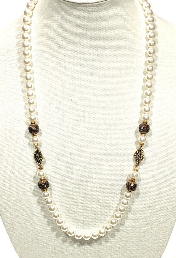 Vintage Pearl & Bronze Charms Necklace.  Victoria… - image 2