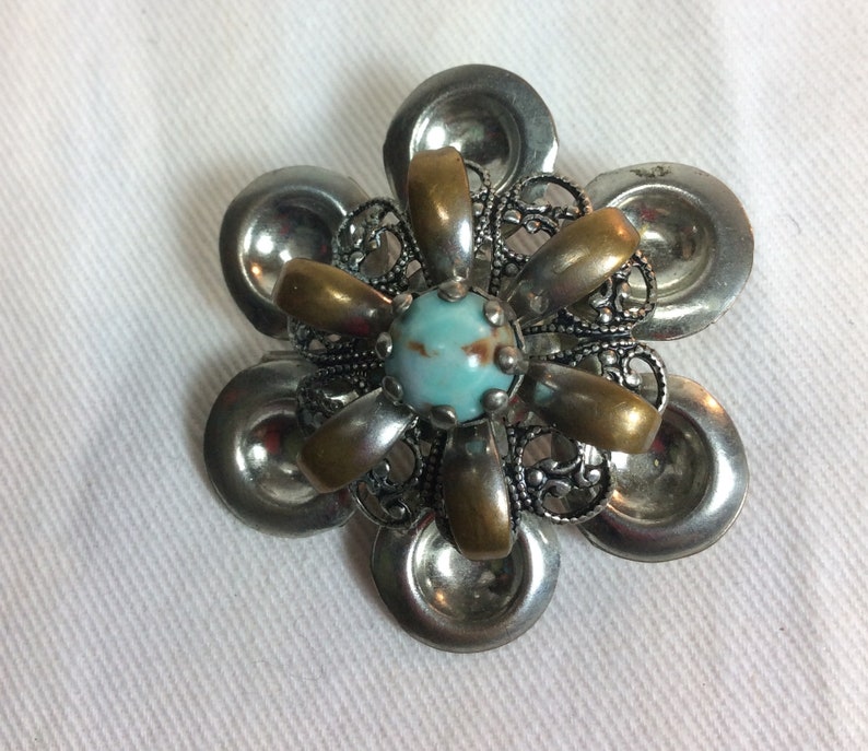Antique Silver And Turquoise Flower Pin Vintage Silver Floral Brooch Collectible Turquoise Jewelry Classic Art Deco Design Like New