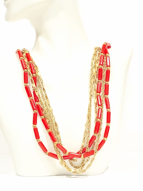 Vintage 24" Multi-Strand Red & Gold Beaded Neckla… - image 6
