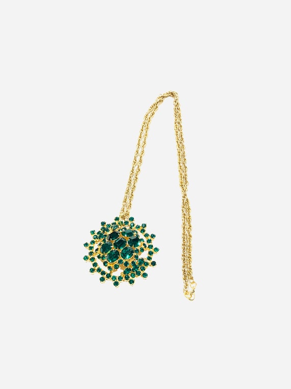 Vintage 34" Gold & Green Crystal Medallion Pendan… - image 5