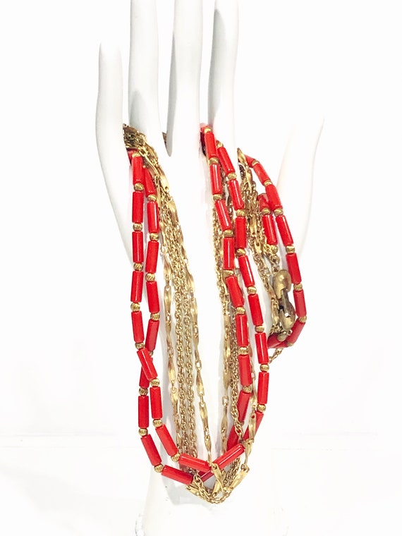 Vintage 24" Multi-Strand Red & Gold Beaded Neckla… - image 5