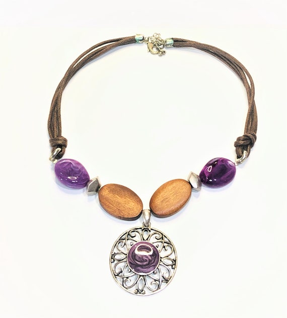 Vintage 20" Amethyst Choker.  Wooden Beads. Ameth… - image 1