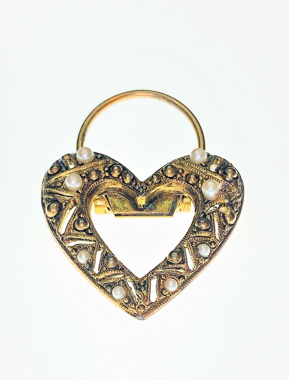 Vintage Bronze & Pearl Heart Scarf Clip. Antique D