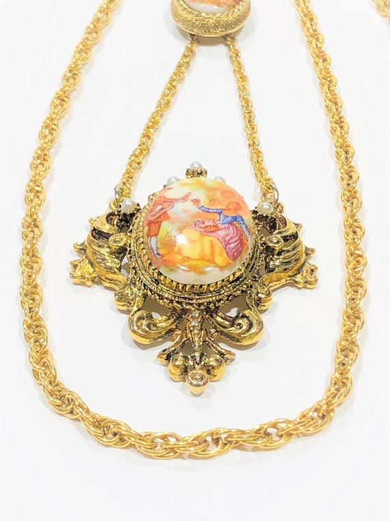 Vintage 32" Gold Victorian Cabochon Pendant.  Dou… - image 3