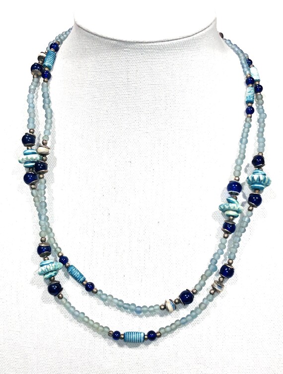 Vintage 48" Cobalt Blue Beaded Necklace.  Blue Cz… - image 1