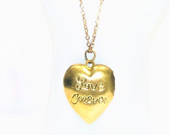 Vintage 18" Brass Heart Locket Pendant.  Gold Love Choker. Love Forever Jewelry. Heart Necklace.  Vintage .