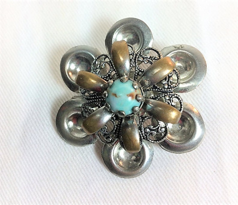 Antique Silver And Turquoise Flower Pin Vintage Silver Floral Brooch Collectible Turquoise Jewelry Classic Art Deco Design Like New