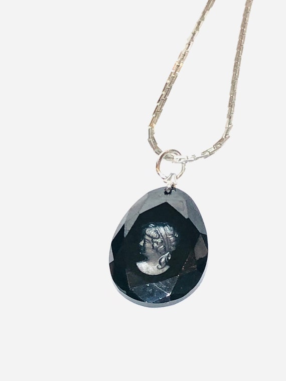 Vintage 24" Black Glass Intaglio Pendant. Rare Je… - image 1