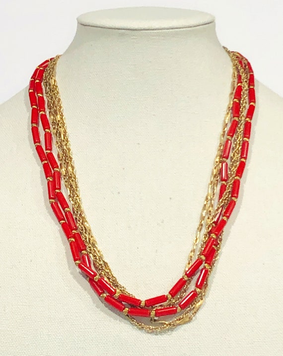 Vintage 24" Multi-Strand Red & Gold Beaded Neckla… - image 4