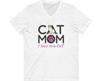 Cat Mom Tee, Cute Gray and White Cat Illustration, Cat Lover Gift, Pet Mom Graphic Tee