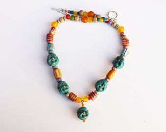 Turquoise Buddha Head Necklace with African, Tibetan Beads – Silver Plated Clasp