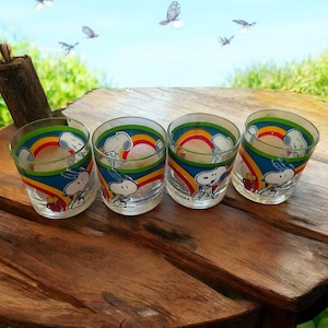 SNOOPY & WOODSTOCK 1960s Cocktail Juice Glasses Set of Four Glasses