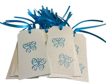Butterfly Gift Tags, Blue Sparkle, Cream Cardstock, Set of 22