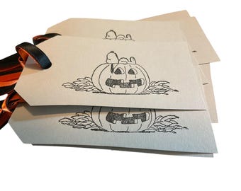 Snoopy Halloween Gift Tags, Hand Stamped with Ribbon (Set of 8)