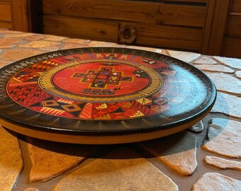 Vintage PERUVIAN FOLK ART Plate Hand Painted South American Tray Wall Decor