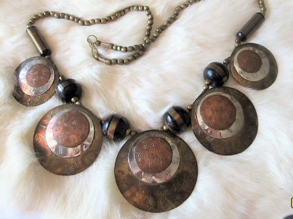 VINTAGE METAL Handmade BOHO Medallion Necklace Me… - image 1