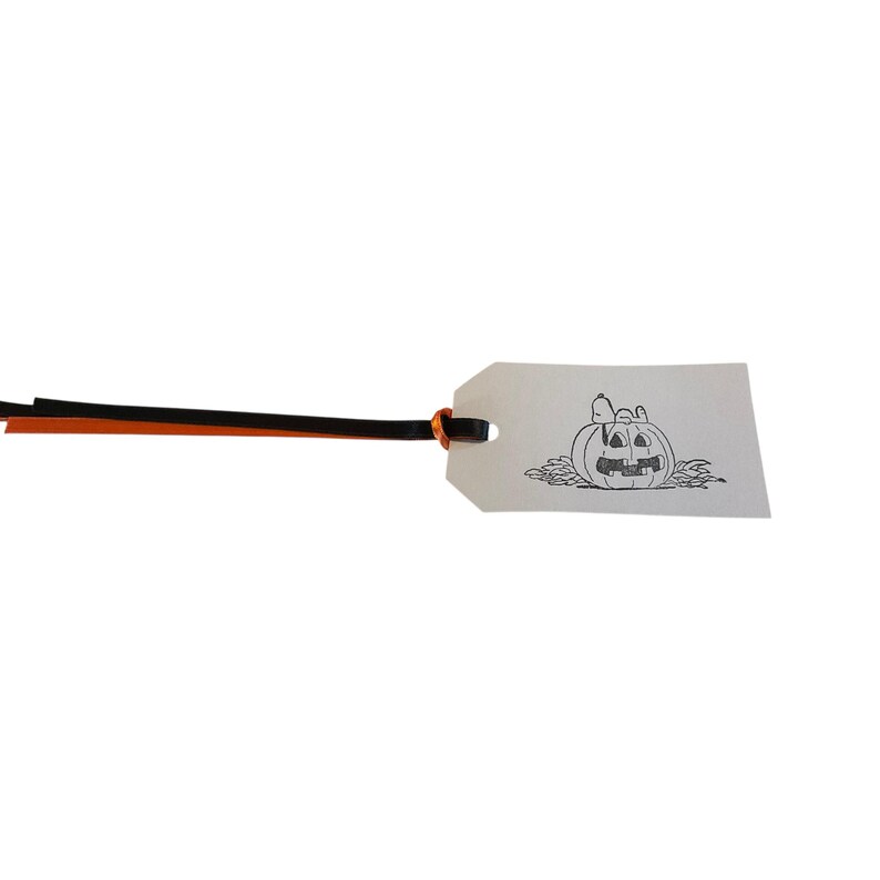 May include: A white Halloween gift tag with a black and white illustration of a jack-o'-lantern and a character. The tag is attached to a black and orange ribbon. The tag is rectangular with a rounded top.