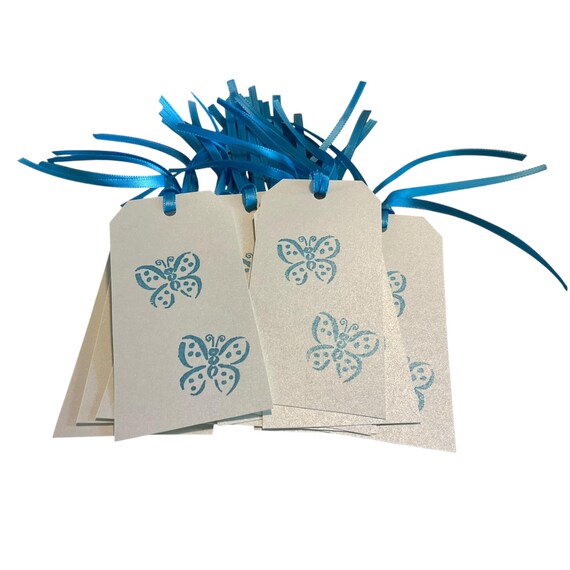 Butterfly Gift Tags, Blue Sparkle, Cream Cardstock, Set of 22