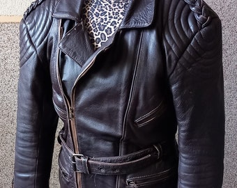 Vintage biker leather jacket for women, genuine leather, dark brown