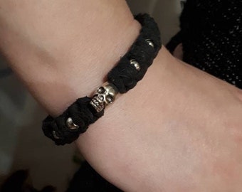 Black leather bracelet with skull