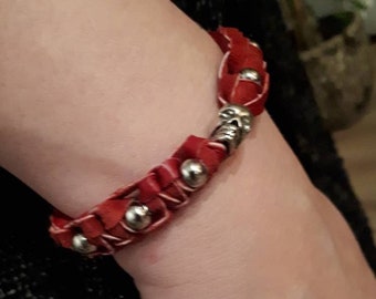 red leather bracelet with skull