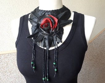 Opulent leather collar with large flowers and fringes