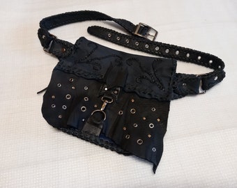 Belt bag, genuine leather, black and blue, with bat, rivets and eyelets, flexible circumference