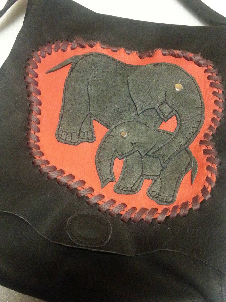 Dark brown, simple, smaller leather shoulder bag, with elephants image 2