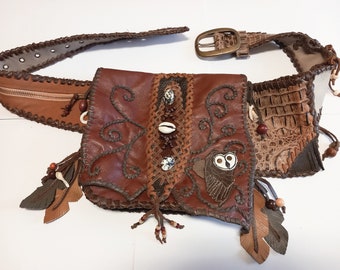 Boho belt bag, genuine leather, different browns, richly decorated, with an owl