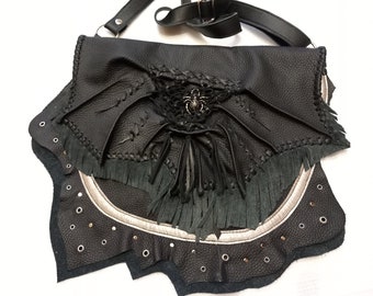 Large leather bag, black, with spider, eyelets and rivets