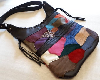 larger, colorful leather bag, patchwork, to hang around your shoulder