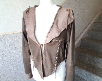 Short unusual brown leather jacket, size S/meter